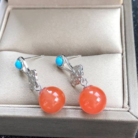 Anting Batu Akik Merah Selatan Alami [Tata Perak S925], manik bulat sekitar 9 mm! Warna merah kesemek yang unik! 💎 Memberi Anda kepercayaan diri dan energi! 202512041452