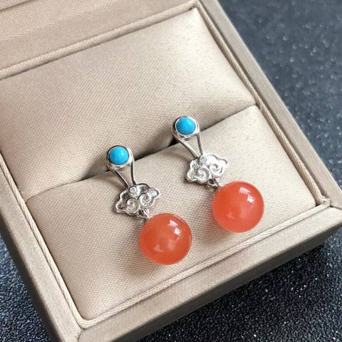Anting Batu Akik Merah Selatan Alami [Tata Perak S925], manik bulat sekitar 9 mm! Warna merah kesemek yang unik! 💎 Memberi Anda kepercayaan diri dan energi! 202512041452