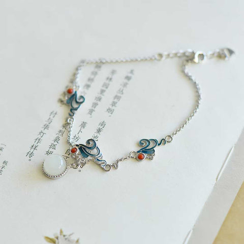 🌸🌸🌸8267#925 Gelang Ekor Phoenix Giok Hetian Bertahtakan Enamel Perak, gioknya hangat dan lembut, desainnya sederhana dan elegan. Biaya kirim dan pajak sudah termasuk.