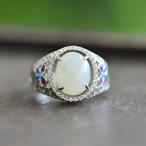 9199#925 Cincin Kupu-kupu Enamel Cabochon Giok Hetian Bertahtakan Perak 💍 Pengerjaan yang sangat indah, desain yang sederhana namun elegan. Dimensi giok: 9*11 mm. Biaya pengiriman dan pajak sudah termasuk.