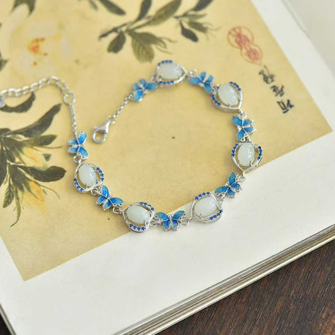 Gelang kupu-kupu giok Hetian tatahan perak 8301#925, desain sederhana, kualitas giok penuh, segar dan elegan, ukuran giok: 5*7, termasuk biaya pengiriman dan pajak.