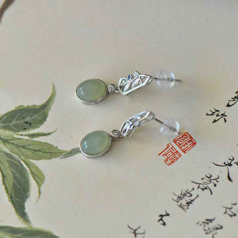 8015Q#s925 Anting-anting berbentuk bambu berbahan batu giok Hetian Qinghai bertahtakan perak Cabochon (Batu lepas): 6*8 cm, termasuk ongkos kirim dan pajak.