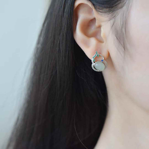 Anting-anting Zirkon Berbentuk Labu Bahan Cabochon Giok Hetian Qinghai Bertahtakan Perak 8045Q#s925 (6*8 cm, termasuk ongkos kirim dan pajak)