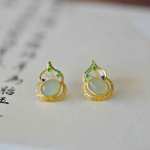Anting-anting Zirkon Berbentuk Labu Bahan Cabochon Giok Hetian Qinghai Bertahtakan Perak 8045Q#s925 (6*8 cm, termasuk ongkos kirim dan pajak)
