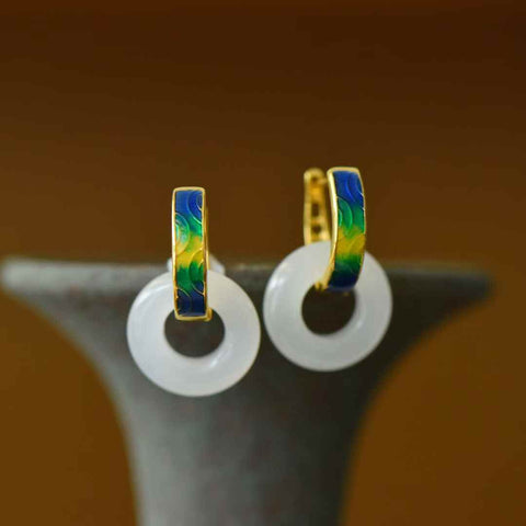 Anting Enamel "Seribu Mil Sungai dan Pegunungan" 8125Q-2s925 Perak Bertatahkan Giok Hetian Bahan Qinghai 15*15 Termasuk Ongkos Kirim dan Pajak