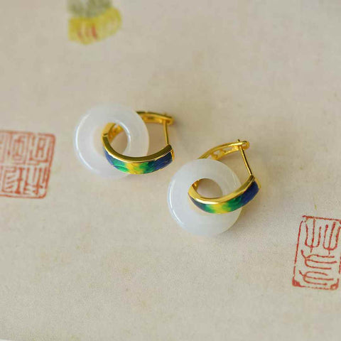 Anting Enamel "Seribu Mil Sungai dan Pegunungan" 8125Q-2s925 Perak Bertatahkan Giok Hetian Bahan Qinghai 15*15 Termasuk Ongkos Kirim dan Pajak