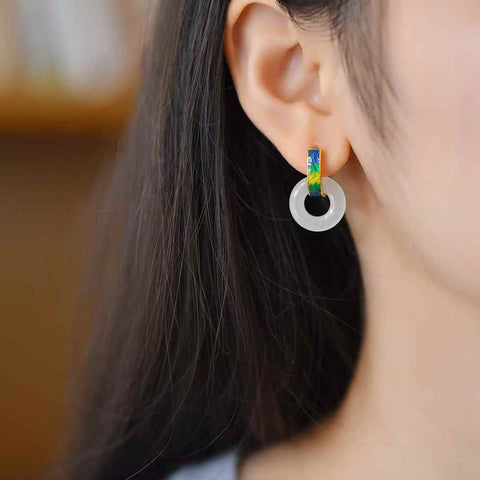 Anting Enamel "Seribu Mil Sungai dan Pegunungan" 8125Q-2s925 Perak Bertatahkan Giok Hetian Bahan Qinghai 15*15 Termasuk Ongkos Kirim dan Pajak