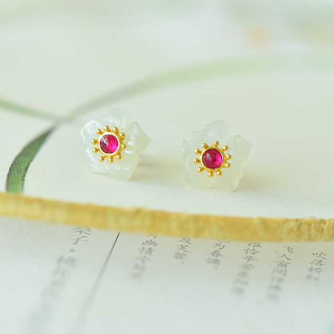 🌷🌷🌷7290-2# Anting perak sterling 925 bertahtakan desain bunga lima kelopak giok Hetian. Gaya baru, pengerjaan indah, kualitas giok terbaik. Ukuran giok 12*12 cm. Biaya pengiriman dan pajak sudah termasuk.