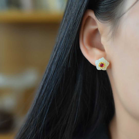 🌷🌷🌷7290-2# Anting perak sterling 925 bertahtakan desain bunga lima kelopak giok Hetian. Gaya baru, pengerjaan indah, kualitas giok terbaik. Ukuran giok 12*12 cm. Biaya pengiriman dan pajak sudah termasuk.
