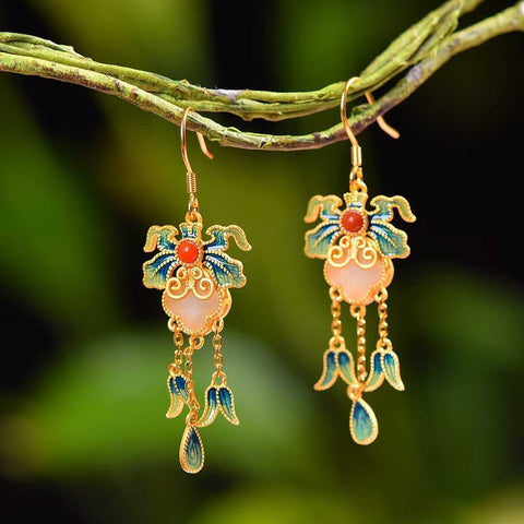 7603-6# Anting-anting Rumbai Enamel Giok Hetian Bertahtakan Perak Antik Giok Putih Semanggi Empat Daun (8 x 8) termasuk ongkos kirim dan pajak