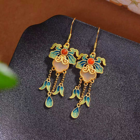 7603-6# Anting-anting Rumbai Enamel Giok Hetian Bertahtakan Perak Antik Giok Putih Semanggi Empat Daun (8 x 8) termasuk ongkos kirim dan pajak