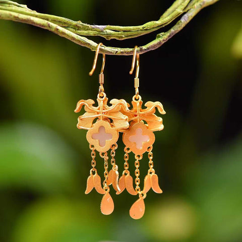 7603-6# Anting-anting Rumbai Enamel Giok Hetian Bertahtakan Perak Antik Giok Putih Semanggi Empat Daun (8 x 8) termasuk ongkos kirim dan pajak