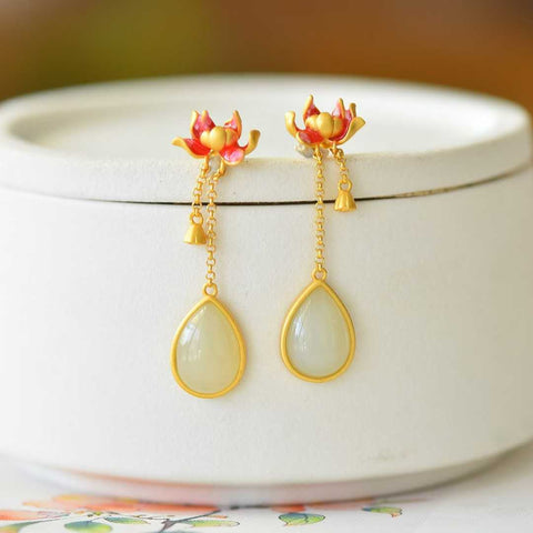 7700-6# Anting-anting Perak Sterling 925 Bertatahkan Giok Hetian Bentuk Tetesan Air Mata, Ukuran Giok 10*14 cm, termasuk ongkos kirim dan pajak.