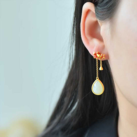 7700-6# Anting-anting Perak Sterling 925 Bertatahkan Giok Hetian Bentuk Tetesan Air Mata, Ukuran Giok 10*14 cm, termasuk ongkos kirim dan pajak.