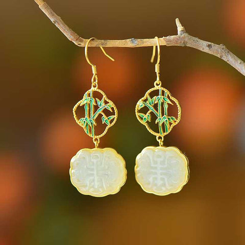 🎋🎋🎋7337-2#, Anting Perak Sterling 925 dengan Desain Bunga Plum, Anggrek, Bambu, dan Krisan bertatahkan Giok Hetian, Ukuran: 14*17 cm, termasuk ongkos kirim dan pajak.