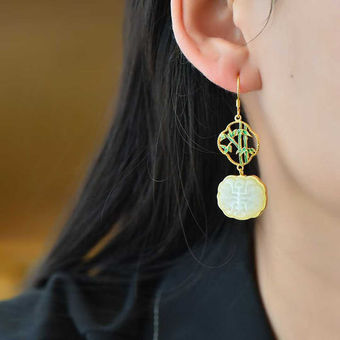 🎋🎋🎋7337-2#, Anting Perak Sterling 925 dengan Desain Bunga Plum, Anggrek, Bambu, dan Krisan bertatahkan Giok Hetian, Ukuran: 14*17 cm, termasuk ongkos kirim dan pajak.