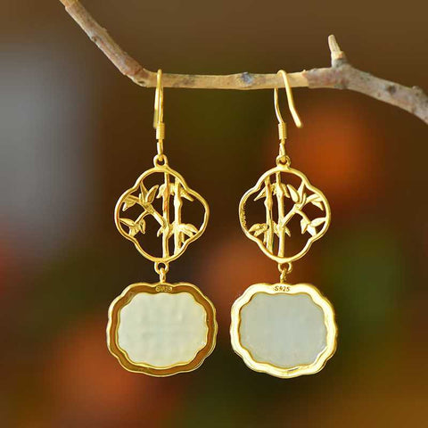 🎋🎋🎋7337-2#, Anting Perak Sterling 925 dengan Desain Bunga Plum, Anggrek, Bambu, dan Krisan bertatahkan Giok Hetian, Ukuran: 14*17 cm, termasuk ongkos kirim dan pajak.