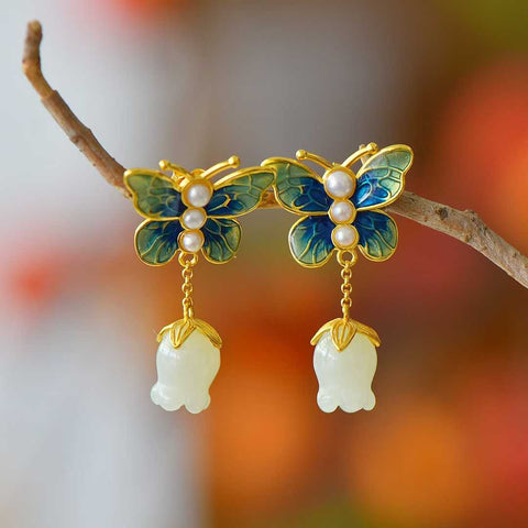 7743-2# Anting Bunga Delima Perak Sterling 925 dengan Giok Hetian, Ukuran: 9*11 cm, termasuk ongkos kirim dan pajak.