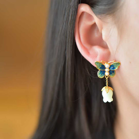7743-2# Anting Bunga Delima Perak Sterling 925 dengan Giok Hetian, Ukuran: 9*11 cm, termasuk ongkos kirim dan pajak.