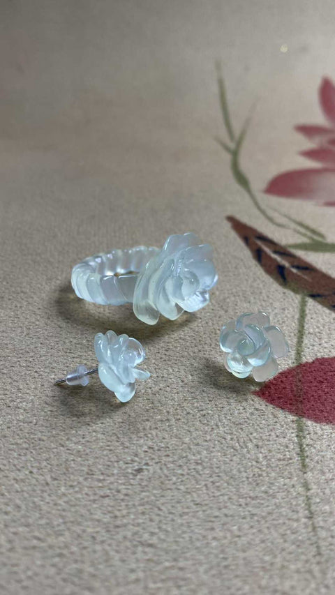 Kekayaan dan Kemakmuran Seumur Hidup: Set Perhiasan Giok Xiuyan Mewah, Cincin: 17,3 mm, Anting: 13,3 mm (Perak 925), termasuk ongkos kirim dan pajak.