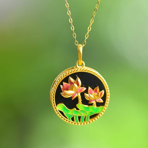 5614-6#, perak sterling 925 bertatahkan giok hitam Hetian, liontin enamel bunga lotus bulat dan pipih, desain baru dan unik, kualitas giok terbaik, termasuk ongkos kirim dan pajak.