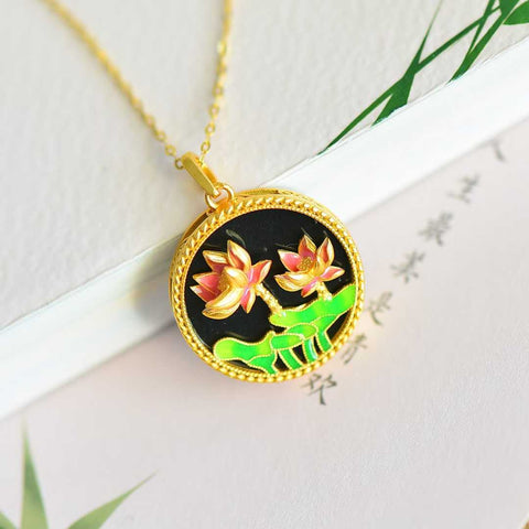 5614-6#, perak sterling 925 bertatahkan giok hitam Hetian, liontin enamel bunga lotus bulat dan pipih, desain baru dan unik, kualitas giok terbaik, termasuk ongkos kirim dan pajak.