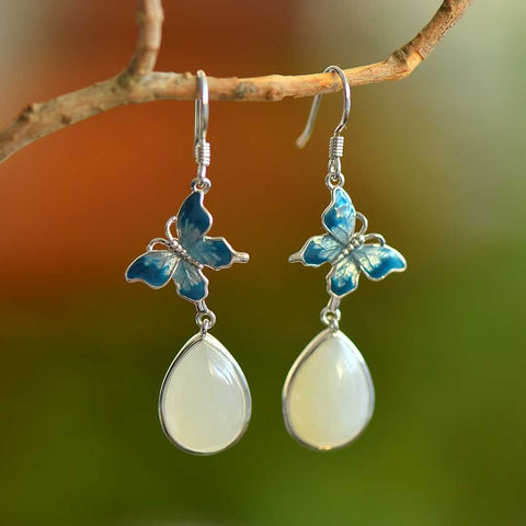 7659# Anting Kupu-kupu dan Tetesan Air Mata Bertatahkan Giok Hetian dari Perak Sterling 925 (termasuk ongkos kirim dan pajak)
