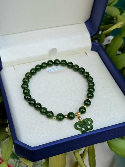 Gelang giok Hetian warna hijau bayam, ukiran kupu-kupu buatan tangan, melambangkan berkah yang melimpah. ~ Ukuran sekitar 6mm. Termasuk ongkos kirim dan pajak.