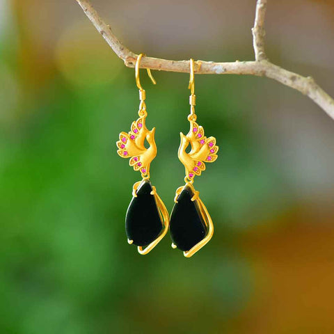 2142-6# Anting-anting Phoenix Rebirth Perak Sterling 925 bertatahkan Giok Hitam Hetian (Bentuk Koma), ☘️☘️ Desain baru dan unik, termasuk ongkos kirim dan pajak.