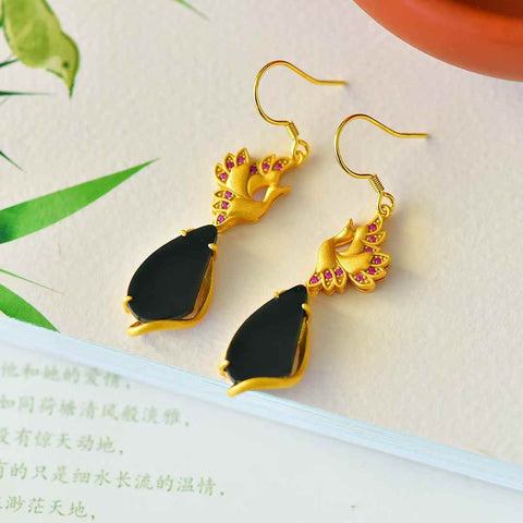 2142-6# Anting-anting Phoenix Rebirth Perak Sterling 925 bertatahkan Giok Hitam Hetian (Bentuk Koma), ☘️☘️ Desain baru dan unik, termasuk ongkos kirim dan pajak.