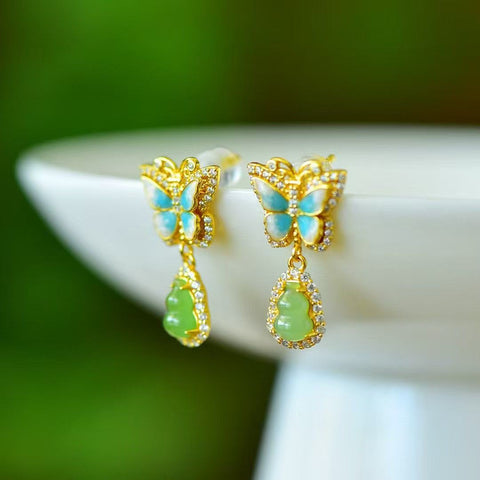 Anting-anting kupu-kupu berbentuk labu dari perak s925 dengan hiasan giok hijau dan giok biru dari Hotan, termasuk biaya pengiriman dan pajak.