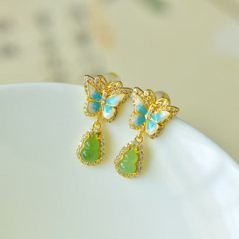 Anting-anting kupu-kupu berbentuk labu dari perak s925 dengan hiasan giok hijau dan giok biru dari Hotan, termasuk biaya pengiriman dan pajak.