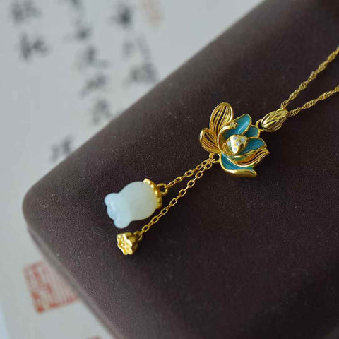 3677-2s925 Liontin Panjang Enamel Teratai Giok Hetian Bertatahkan Perak, 9*11 cm, termasuk ongkos kirim dan pajak.