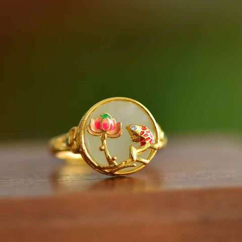 1513-2T#925 Cincin Enamel Ikan Pipih Bulat dan Bunga Teratai Giok Hetian Bertatahkan Perak (12*12) 💍, gioknya halus dan hangat, desainnya baru dan unik, segar dan elegan, enak dipandang, termasuk ongkos kirim dan pajak.