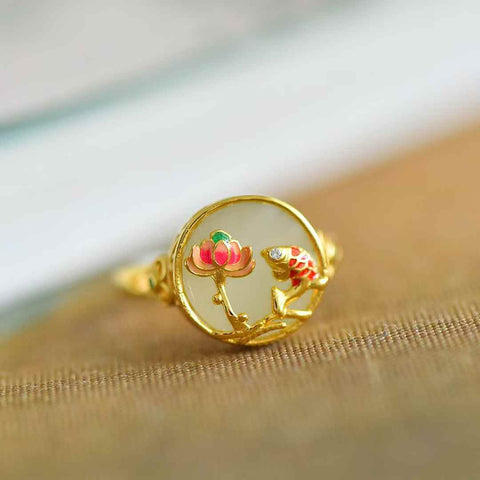 1513-2T#925 Cincin Enamel Ikan Pipih Bulat dan Bunga Teratai Giok Hetian Bertatahkan Perak (12*12) 💍, gioknya halus dan hangat, desainnya baru dan unik, segar dan elegan, enak dipandang, termasuk ongkos kirim dan pajak.