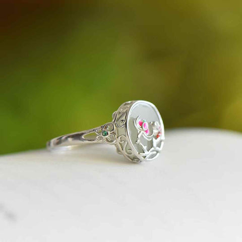 Cincin #1513, perak sterling 925 bertatahkan giok Hetian, desain bulat datar, cincin enamel ikan dan lotus. Ongkos kirim dan pajak sudah termasuk.