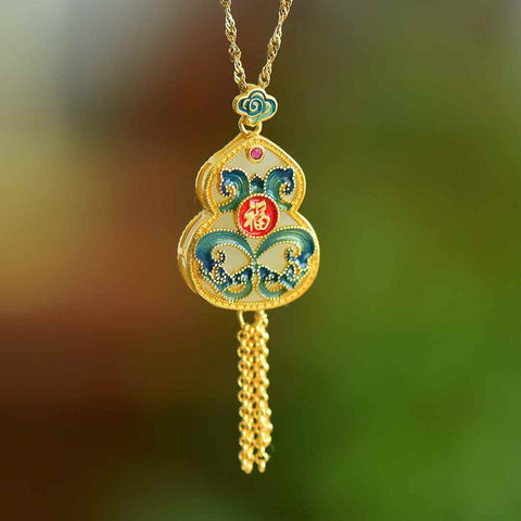 0049-2#925 Liontin Simbol Keberuntungan Labu Pipih Giok Hetian Bertatahkan Perak dengan Rumbai Enamel (termasuk ongkos kirim dan pajak)