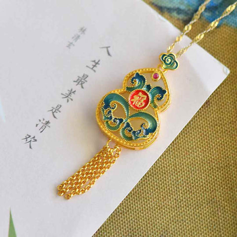 0049-2#925 Liontin Simbol Keberuntungan Labu Pipih Giok Hetian Bertatahkan Perak dengan Rumbai Enamel (termasuk ongkos kirim dan pajak)