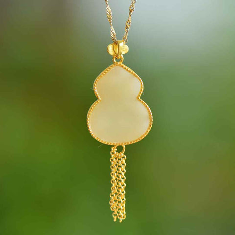 0049-2#925 Liontin Simbol Keberuntungan Labu Pipih Giok Hetian Bertatahkan Perak dengan Rumbai Enamel (termasuk ongkos kirim dan pajak)