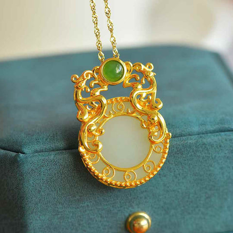 0045-2# Liontin bulat pipih giok Hetian bertatahkan perak gaya kuno, 20*20 cm, termasuk ongkos kirim dan pajak.