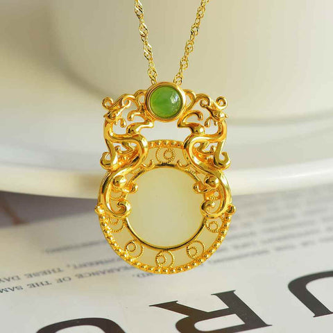 0045-2# Liontin bulat pipih giok Hetian bertatahkan perak gaya kuno, 20*20 cm, termasuk ongkos kirim dan pajak.