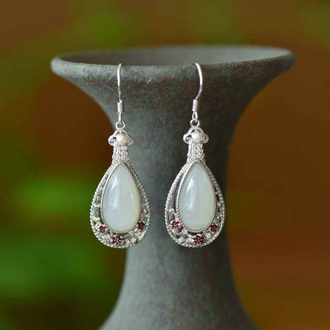 2879#s925 Anting-anting Bunga Plum Tetesan Air Mata Giok Hetian Bertatahkan Perak dengan Mutiara dan Enamel (Emas Tebal) Batu Lepas: (8*16) Termasuk ongkos kirim dan pajak