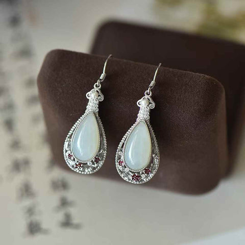 2879#s925 Anting-anting Bunga Plum Tetesan Air Mata Giok Hetian Bertatahkan Perak dengan Mutiara dan Enamel (Emas Tebal) Batu Lepas: (8*16) Termasuk ongkos kirim dan pajak