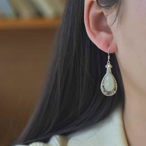 2879#s925 Anting-anting Bunga Plum Tetesan Air Mata Giok Hetian Bertatahkan Perak dengan Mutiara dan Enamel (Emas Tebal) Batu Lepas: (8*16) Termasuk ongkos kirim dan pajak