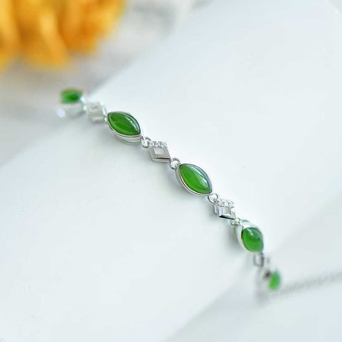 🍀🍀15930#925 Gelang Perak Sterling dengan Inlay Giok Hetian berbentuk Marquise. Efek yang mencolok dan menarik perhatian. Ongkos kirim dan pajak sudah termasuk.