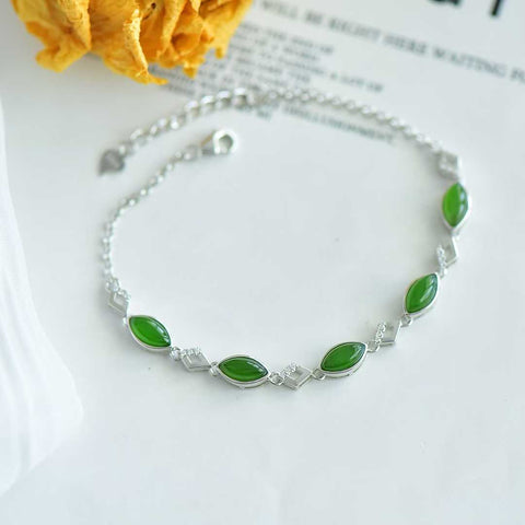 🍀🍀15930#925 Gelang Perak Sterling dengan Inlay Giok Hetian berbentuk Marquise. Efek yang mencolok dan menarik perhatian. Ongkos kirim dan pajak sudah termasuk.