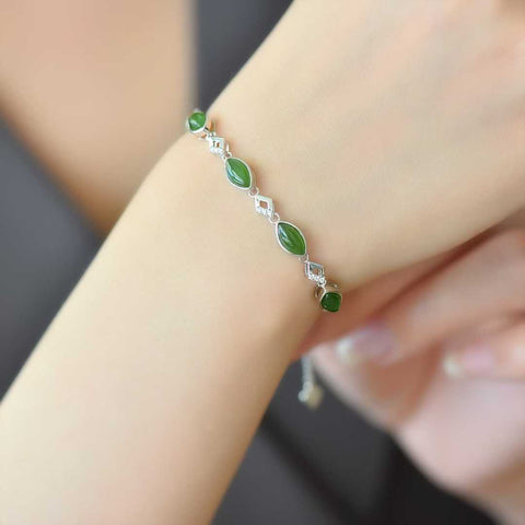 🍀🍀15930#925 Gelang Perak Sterling dengan Inlay Giok Hetian berbentuk Marquise. Efek yang mencolok dan menarik perhatian. Ongkos kirim dan pajak sudah termasuk.