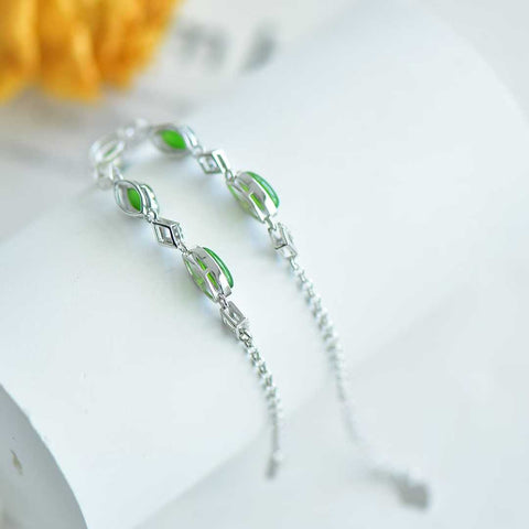 🍀🍀15930#925 Gelang Perak Sterling dengan Inlay Giok Hetian berbentuk Marquise. Efek yang mencolok dan menarik perhatian. Ongkos kirim dan pajak sudah termasuk.