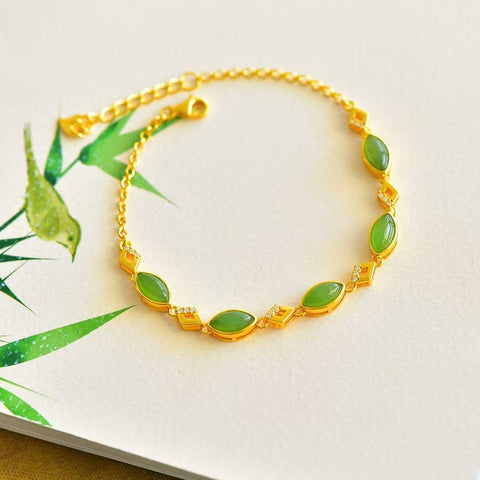 🍀🍀15930#925 Gelang Perak Sterling dengan Inlay Giok Hetian berbentuk Marquise. Efek yang mencolok dan menarik perhatian. Ongkos kirim dan pajak sudah termasuk.