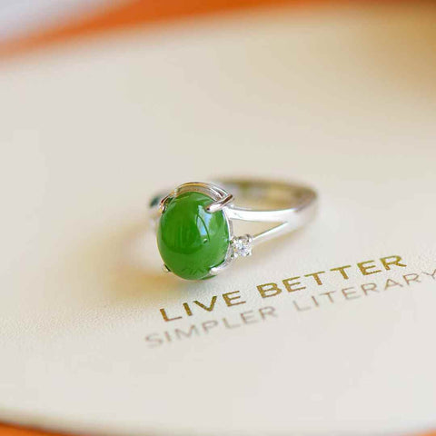 11117# Cincin Perak Sterling 925 dengan Batu Giok Hetian Cabochon (8×10mm), termasuk ongkos kirim dan pajak.